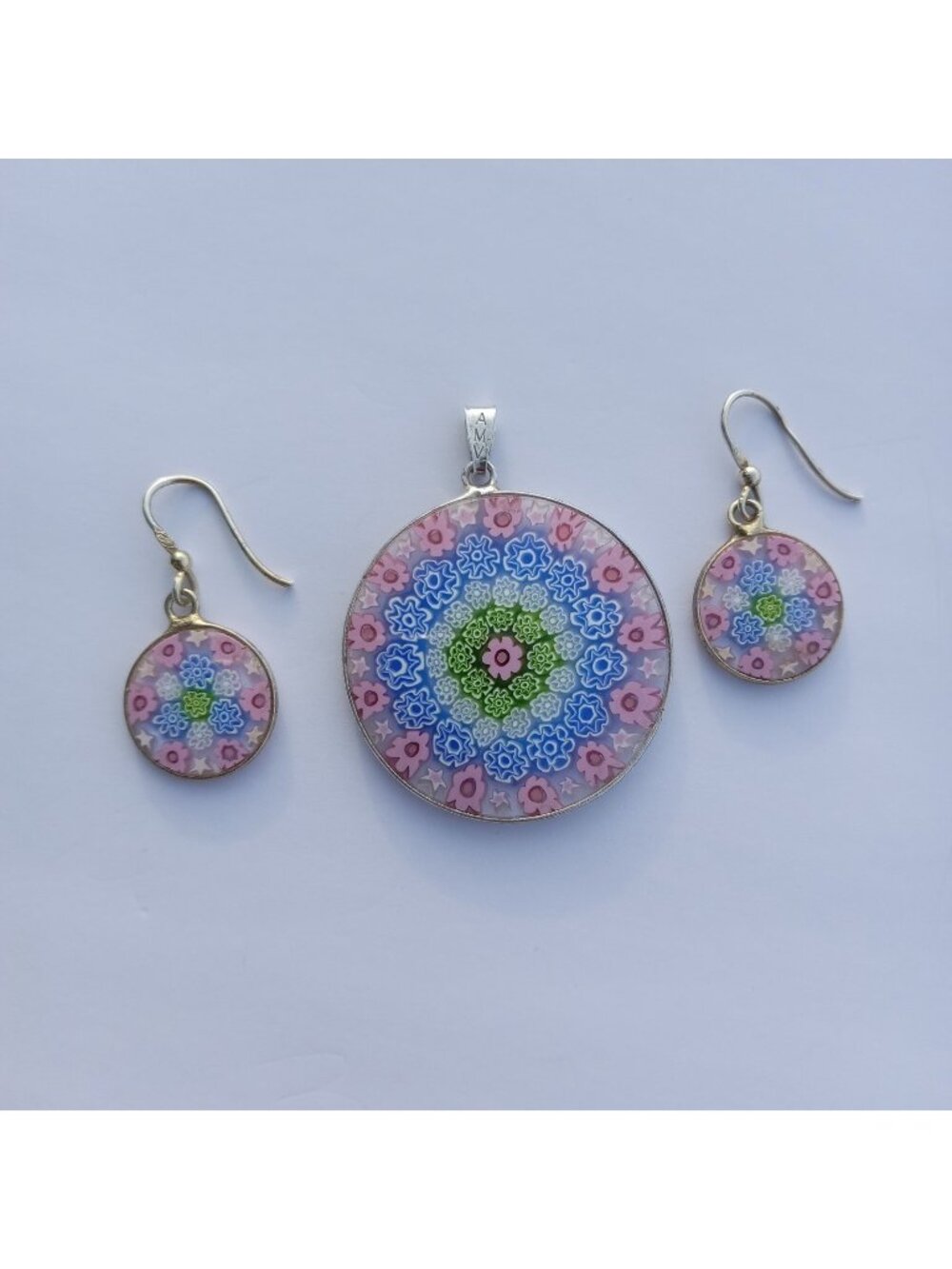 AMV Sterling Silver 925 Millefiori Floral Pendant Necklace & Dangle Earrings